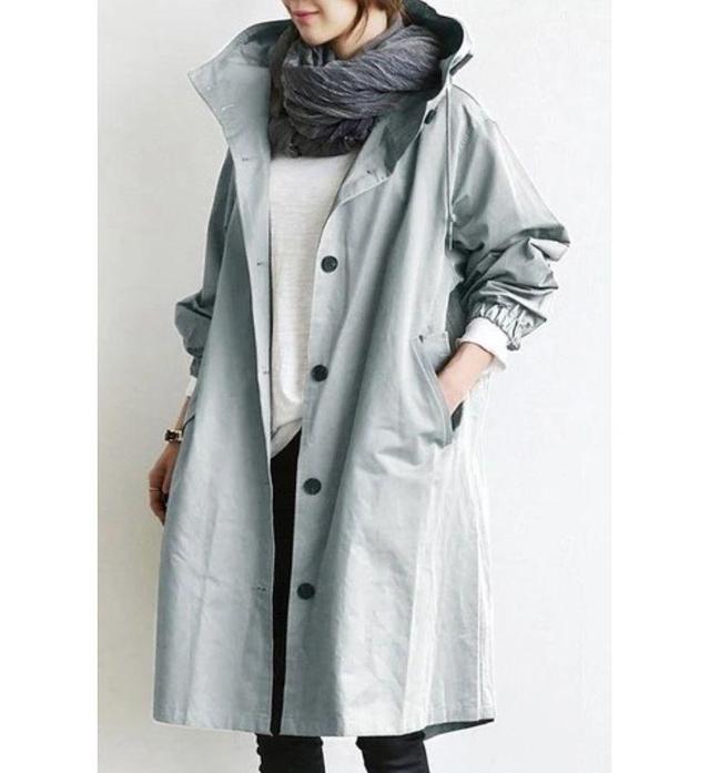 Plain Hooded Long Single-Breasted Trench Jacket Product Image