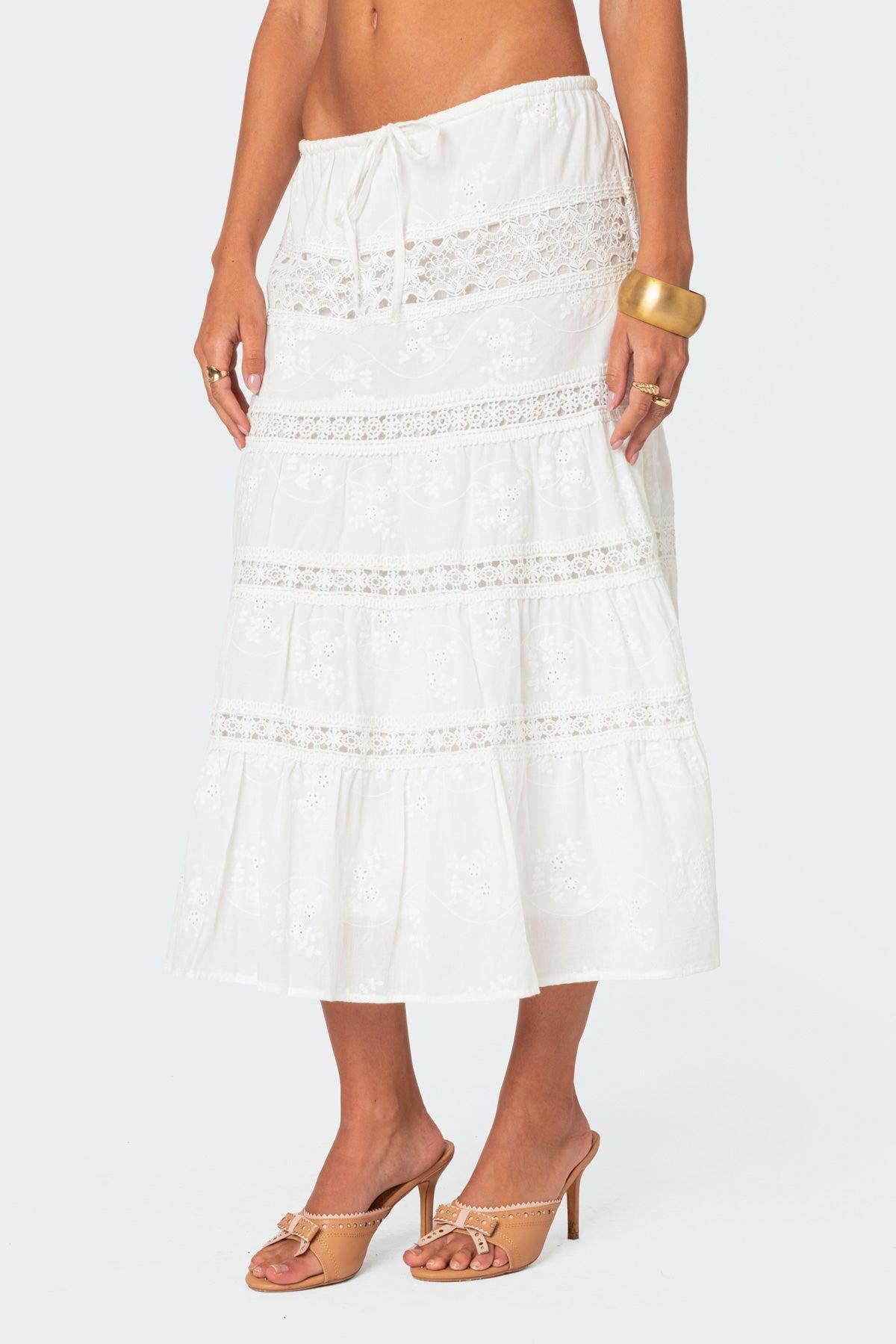 Tiered Cotton Lace Midi Skirt Product Image