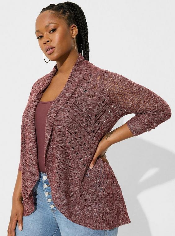 Pointelle Cardigan Curved Hem Sweater Product Image