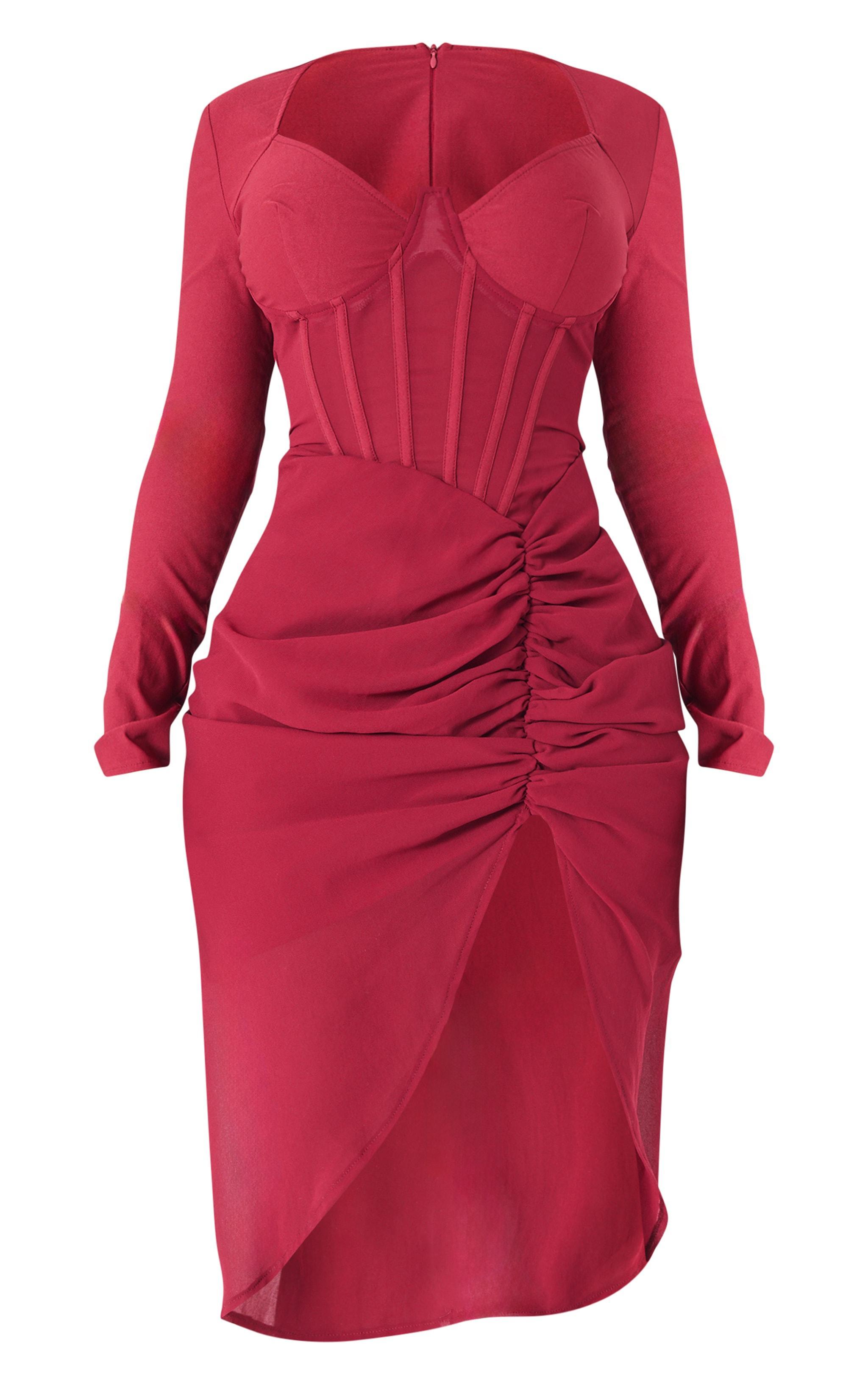 Shape Burgundy Corset Long Sleeve Ruched Midi Dress Product Image