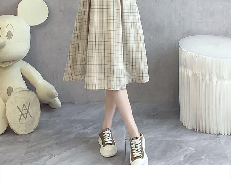 Long-Sleeve Collared Plaid Midi A-Line Dress Product Image