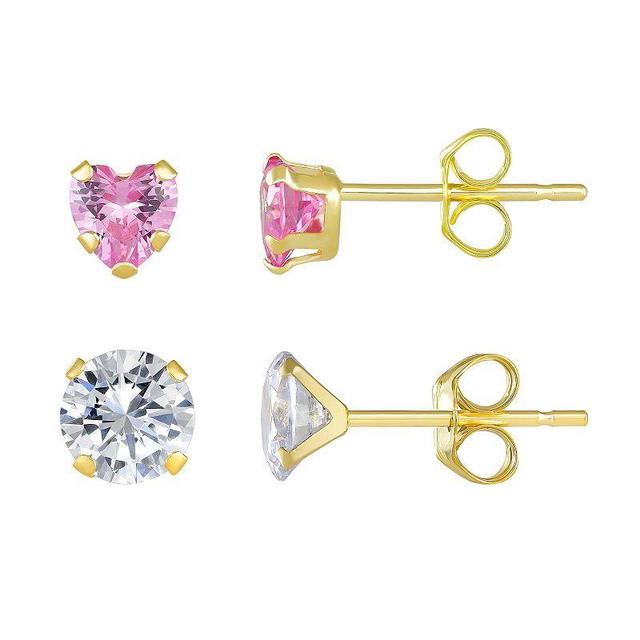 Taylor Grace 10k Gold Pink Heart & 5 mm Round Cubic Zirconia Stud Earring Set, Womens Product Image