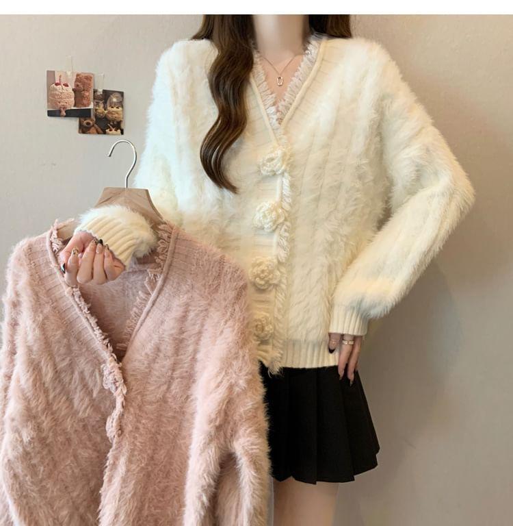 V-Neck Plain Floral Accent Fluffy Fringed Cardigan Product Image