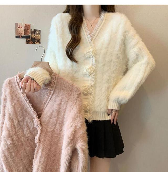 V-Neck Plain Floral Accent Fluffy Fringed Cardigan Product Image