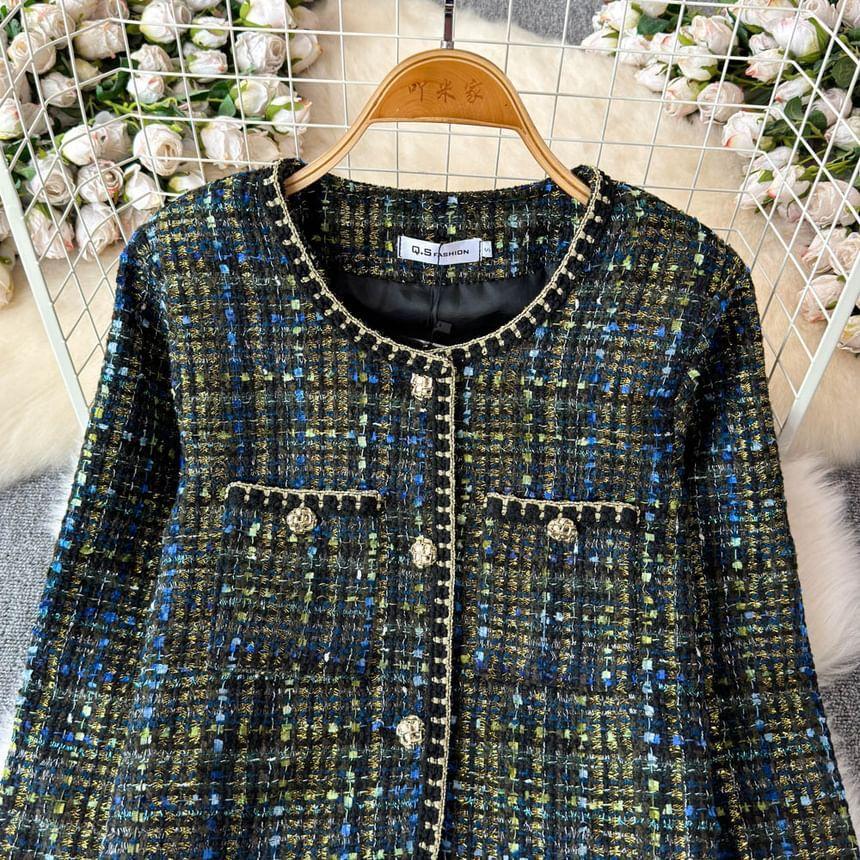 U-Neck Tweed Button-Up Crop Jacket Product Image