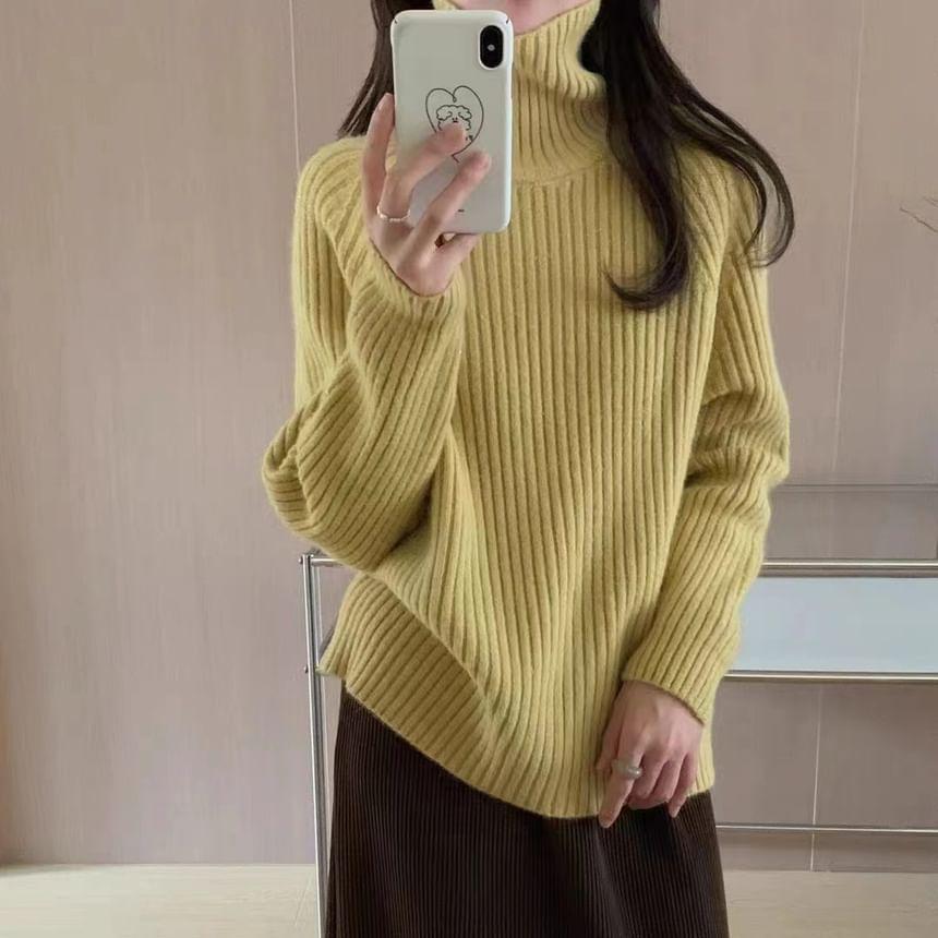 Turtleneck Plain Ribbed Knit Oversized Sweater Product Image