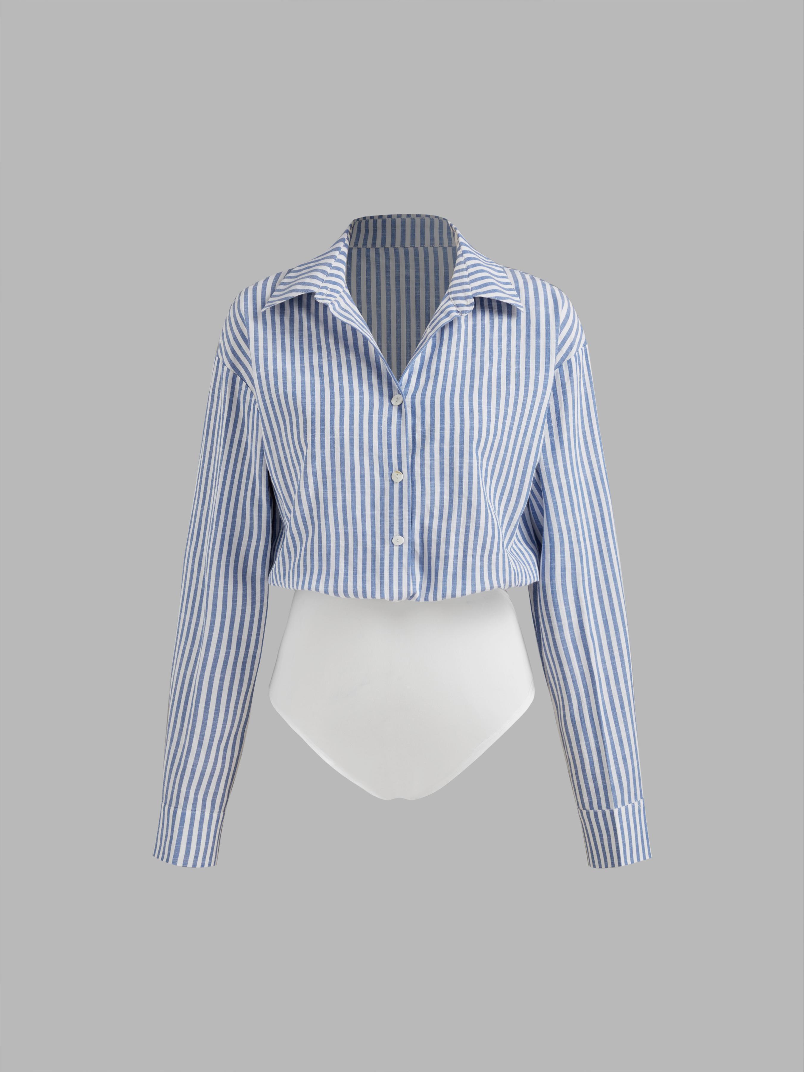 Cotton-blend Collar Striped Button Shirt Bodysuit Product Image