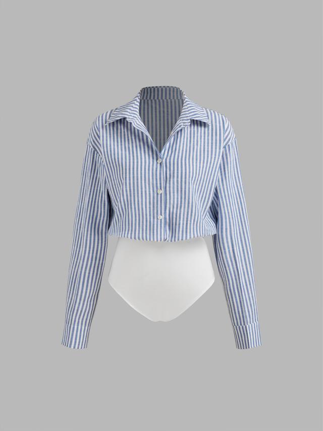 Cotton-blend Collar Striped Button Shirt Bodysuit Product Image