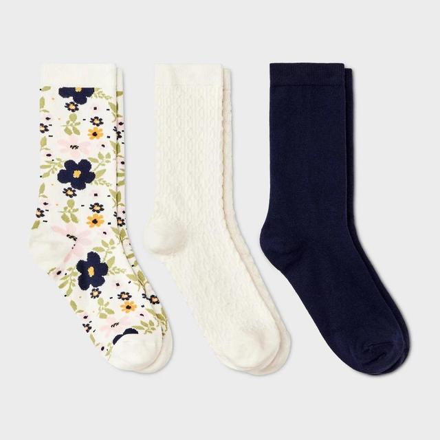 Womens Floral and Textured 3pk Crew Socks - A New Day Ivory/Navy 4-10 Product Image