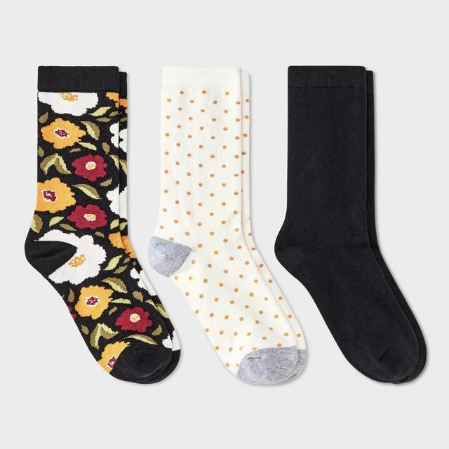 Womens Floral and Polka Dot 3pk Crew Socks - A New Day Black/Ivory/Burgundy 4-10 Product Image