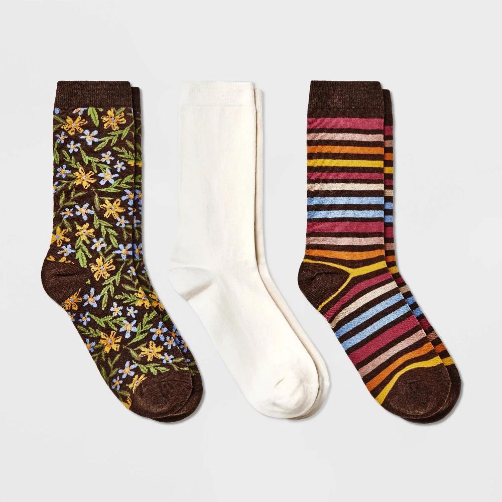 Womens Floral 3pk Crew Socks - A New Day Brown/Ivory 4-10 Product Image