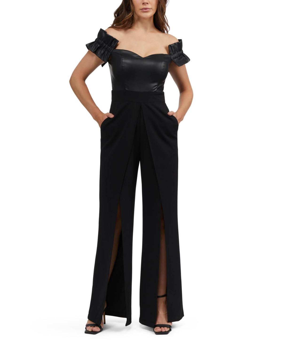 Bebe Womens Faux Leather Off Shoulder Wide Leg Jumpsuit Product Image