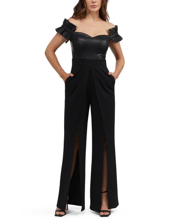 bebe Womens Faux Leather Off Shoulder Wide Leg Jumpsuit Product Image