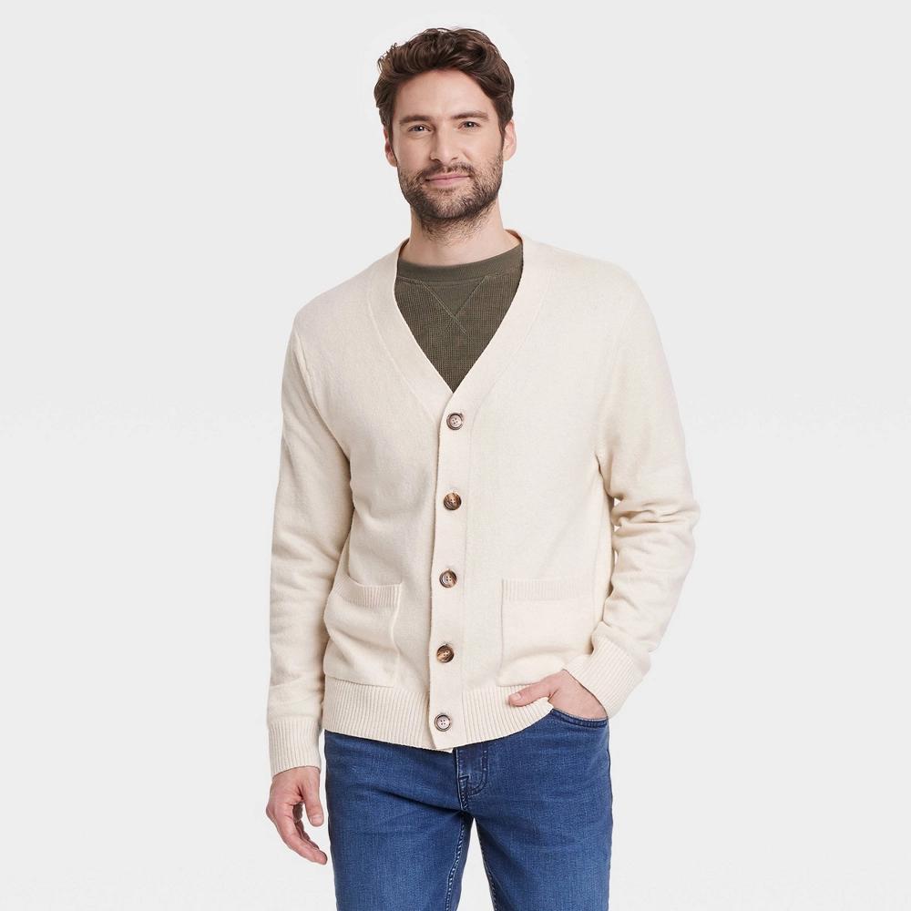 Men's V-Neck Cardigan Sweater - Goodfellow & Co™ Cream M Product Image