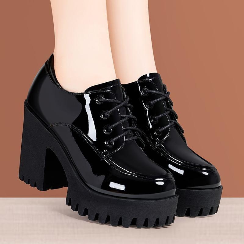 Block Heel Faux Leather Lace-Up Shoes (Various Designs) Product Image