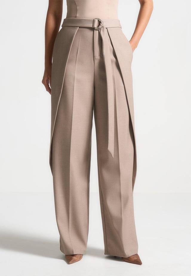 Foldover Tailored Trousers with D-Ring Belt - Taupe Female Product Image