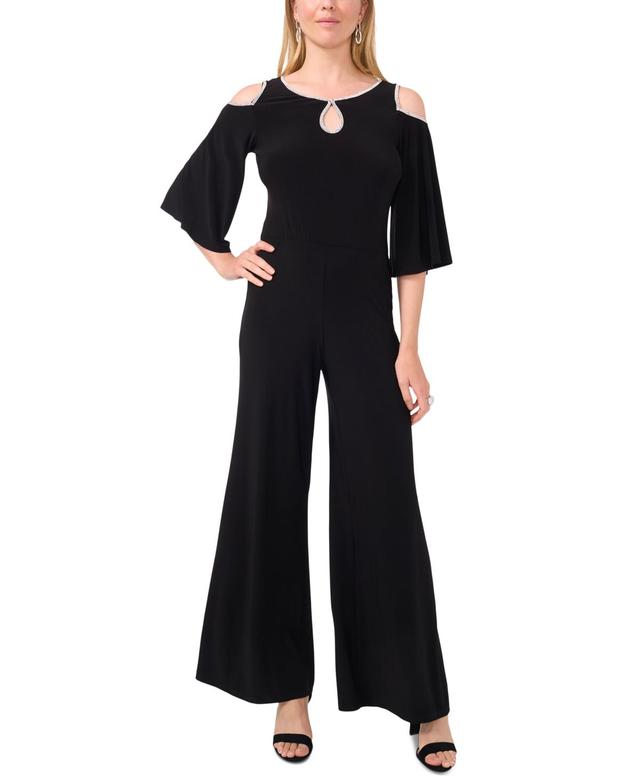 Msk Womens Rhinestone Trim Cold Shoulder Wide-Leg Jumpsuit Product Image