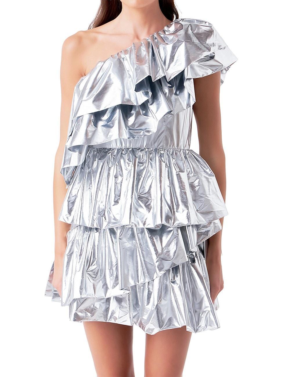 Endless Rose One-Shoulder Metallic Tiered Minidress Product Image