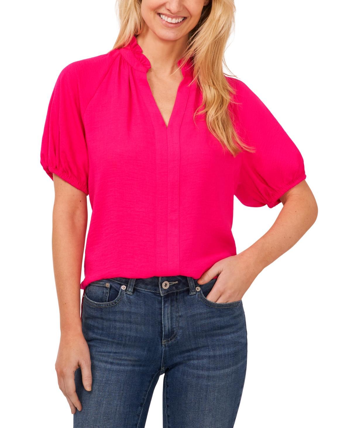 CeCe Drapey Gauze Ruffled Split V-Neck Short Puffed Sleeve Blouse Product Image