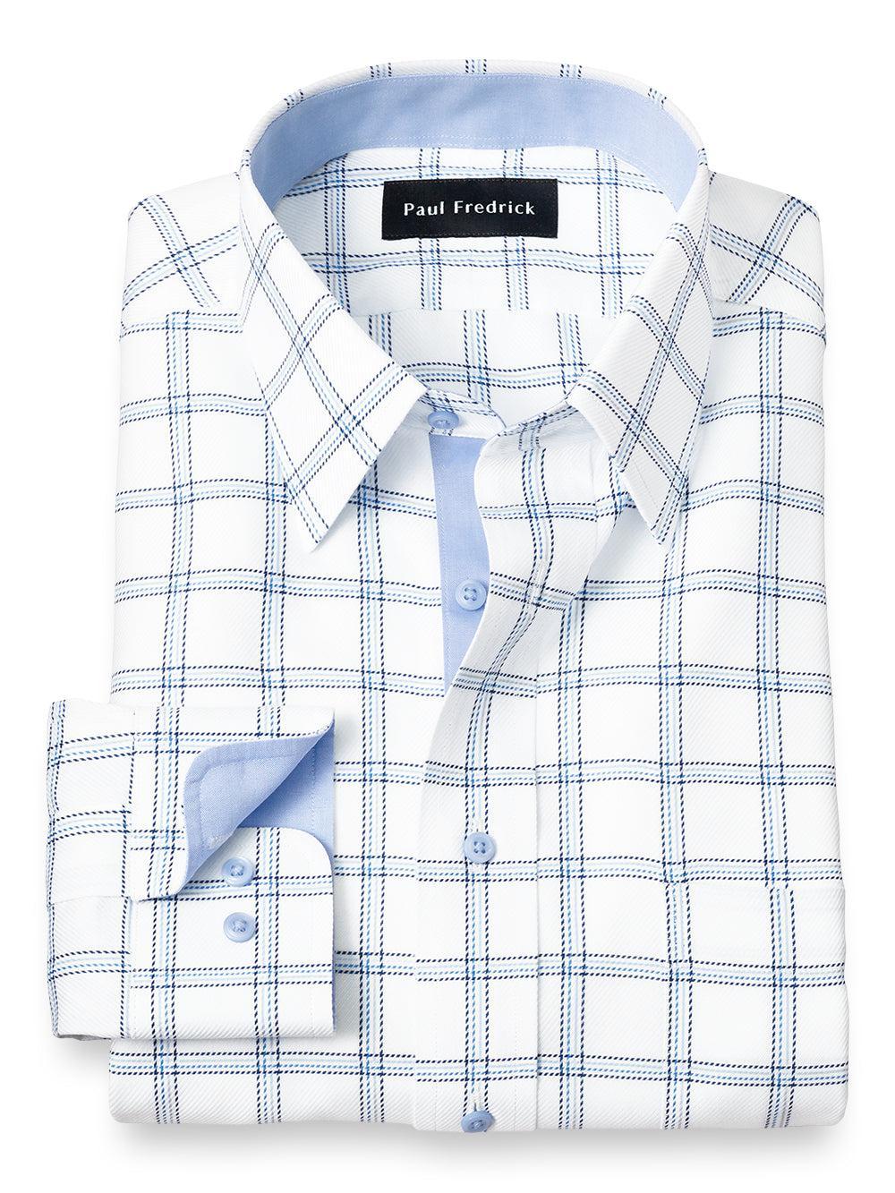 Non-Iron Cotton Windowpane Dress Shirt With Contrast Trim - Blue Product Image