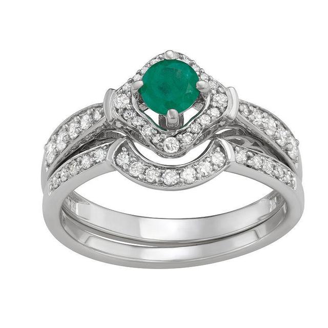 14k White Gold 1/2 Carat T.W. Diamond & Gemstone Halo Engagement Ring Set, Womens Green Product Image