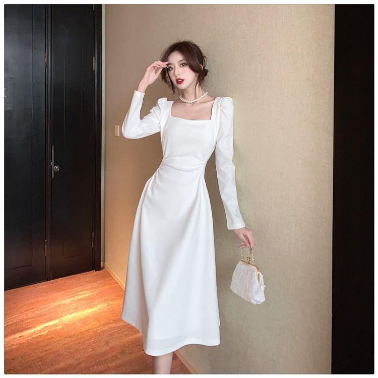 Long Sleeve Square Neck Plain Midi Dress Product Image