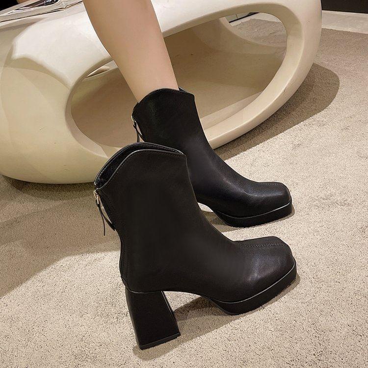 Chunky Heel Plain Zip-Up Faux Leather Short Boots product image