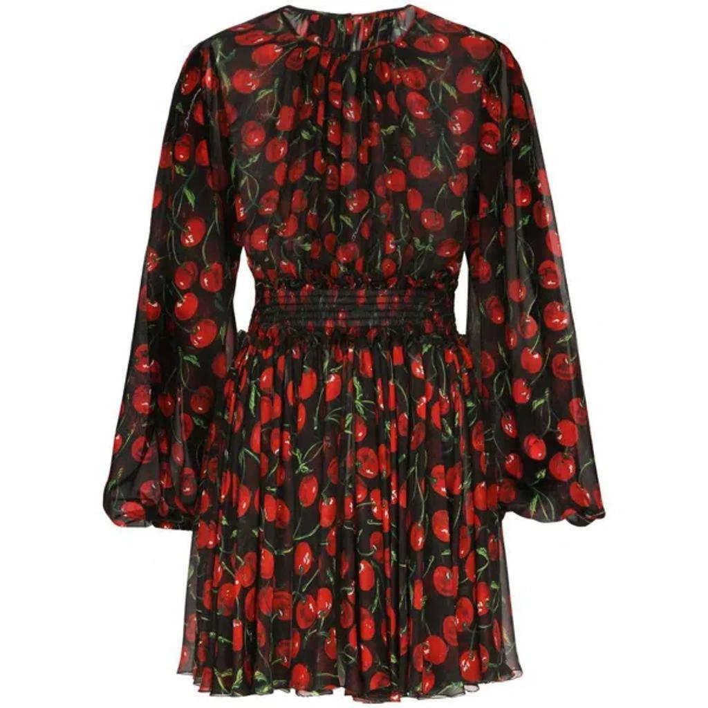 DOLCE & GABBANA Short Cherry-print Chiffon Dress In Multicolor Product Image