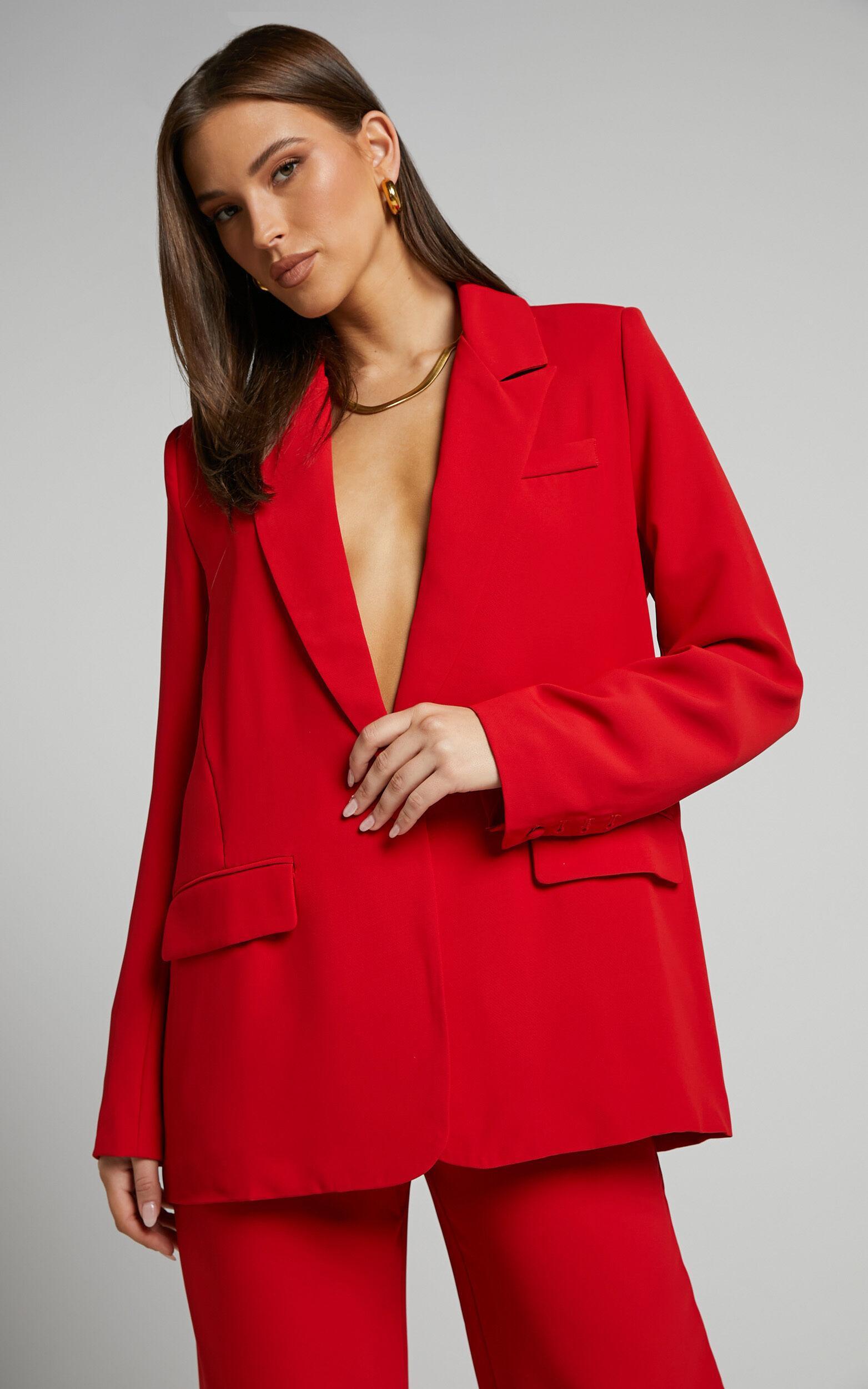 Michelle Blazer - Oversized Plunge Neck Button Up Blazer in Red Product Image