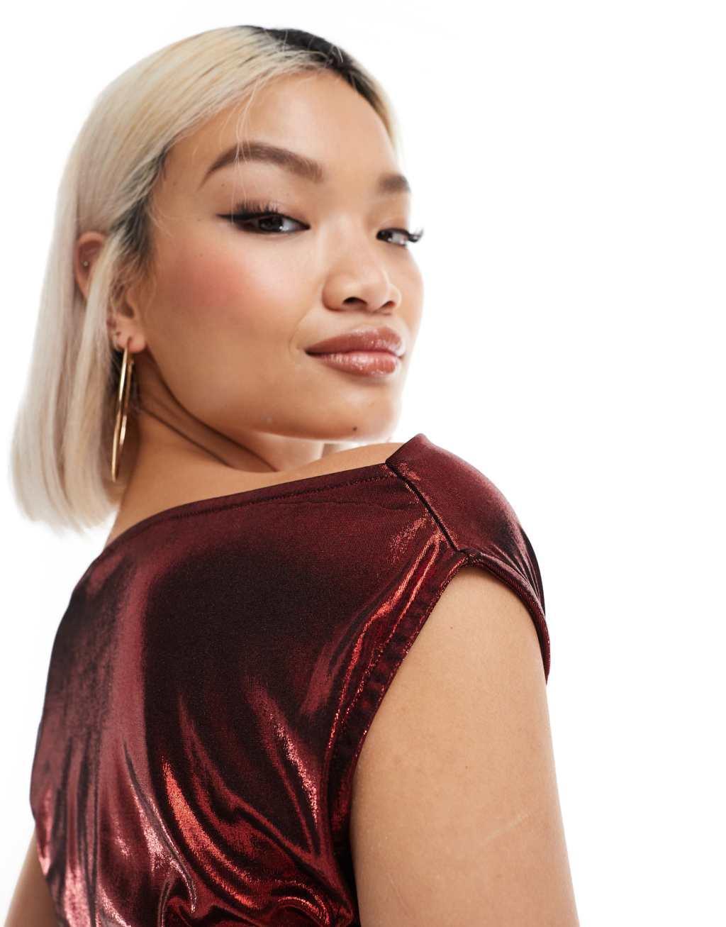 ASOS DESIGN foil cowl neck top in red Product Image