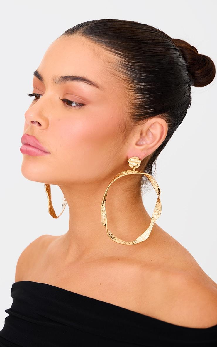 Gold Crinkle Oversized Hoop Earrings Product Image