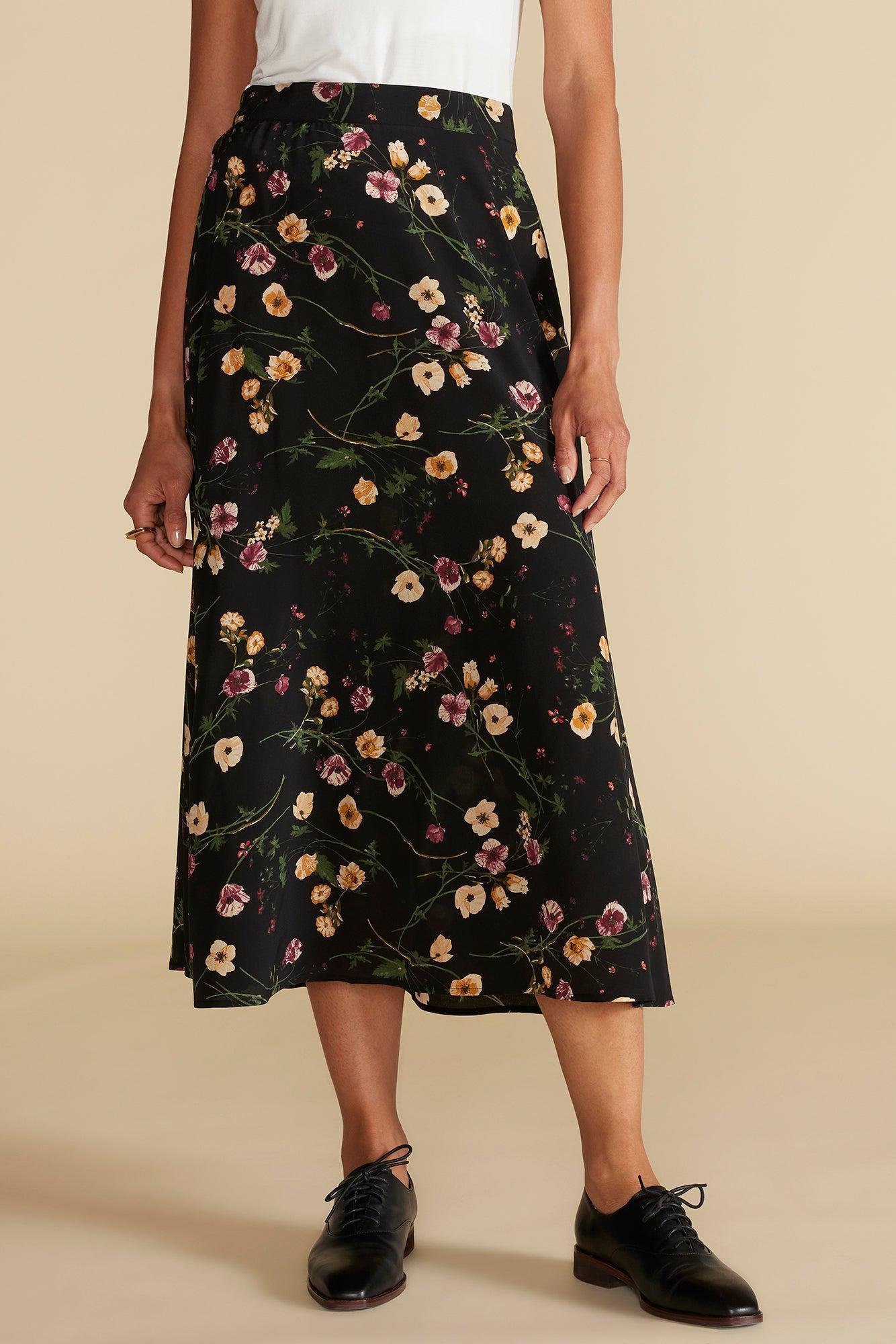 Blaze Washable Silk Skirt - Black Margeuritte Wildflower Print Product Image