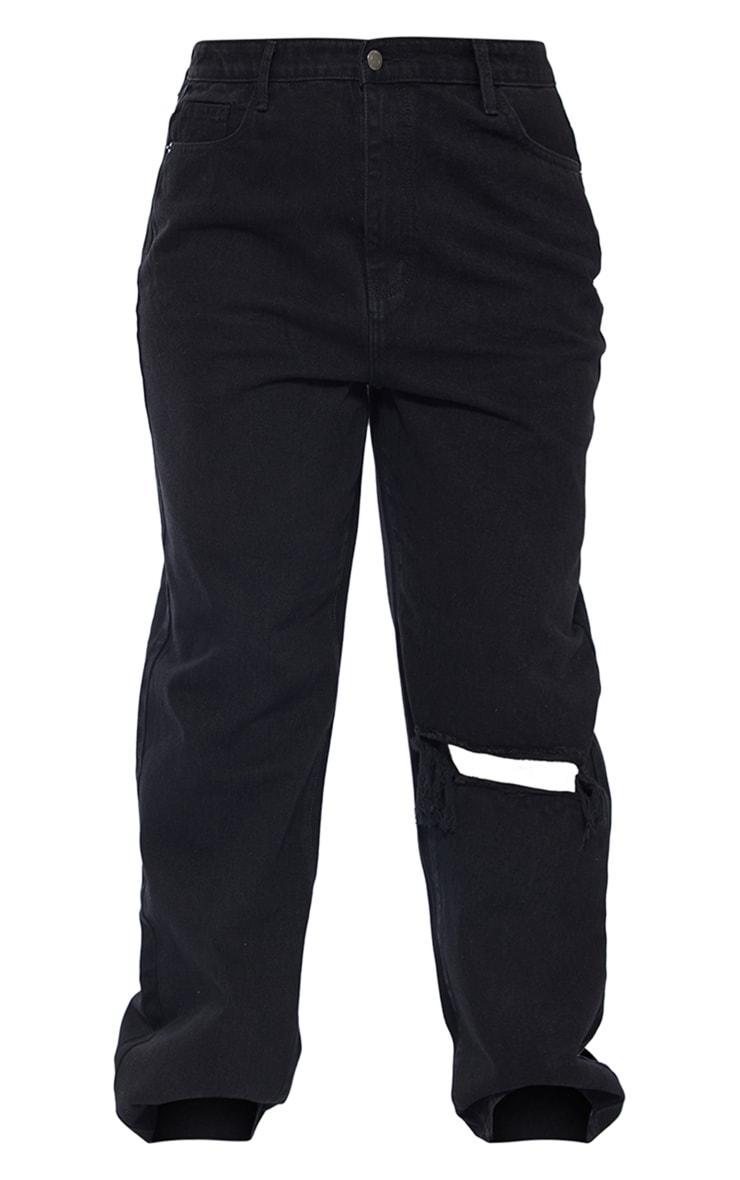 Plus Black Wash Open Knee Long Leg Straight Leg Jeans Product Image