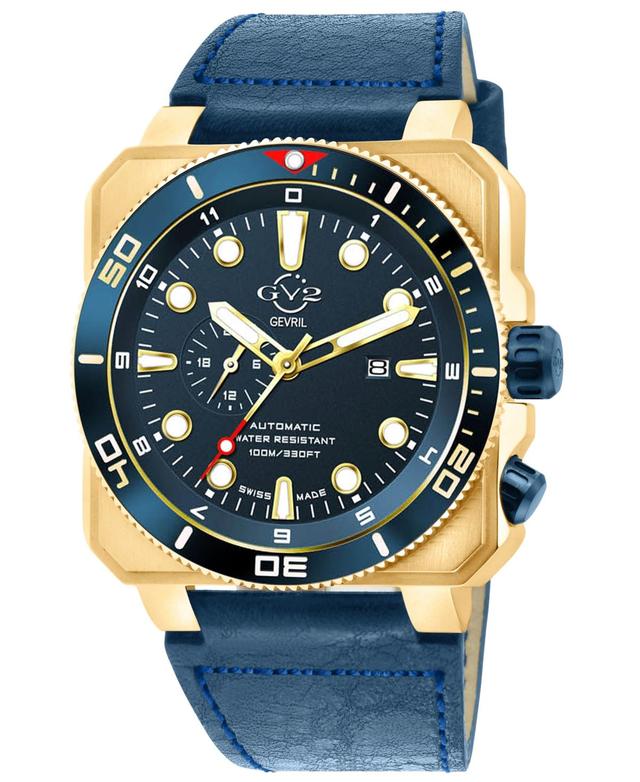 GV2 by Gevril Mens Xo Submarine Swiss Automatic Navy Leather Watch 44mm - Gold Product Image