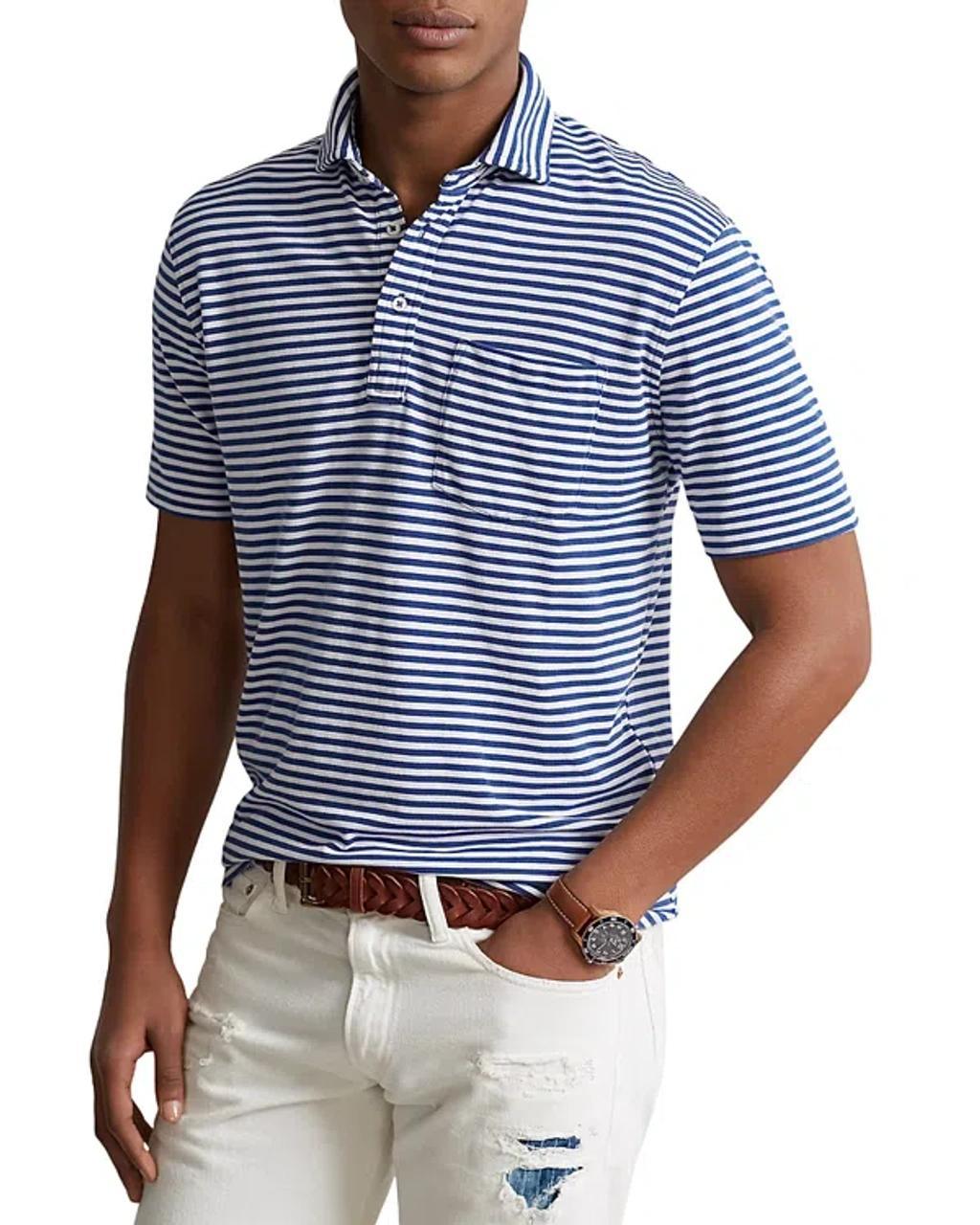 Men's Stripe Cotton Polo Shirt In Blue product image