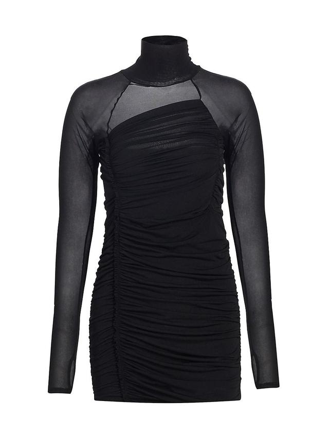 Womens Crepe Ruched Sheer-Accent Turtleneck Minidress Product Image