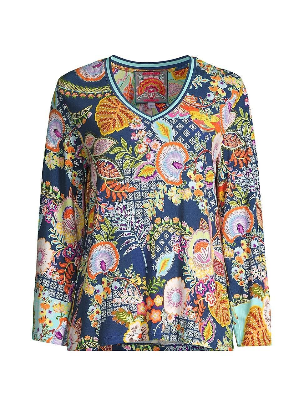 Womens Wild Bird Floral V-Neck Long-Sleeve T-Shirt Product Image