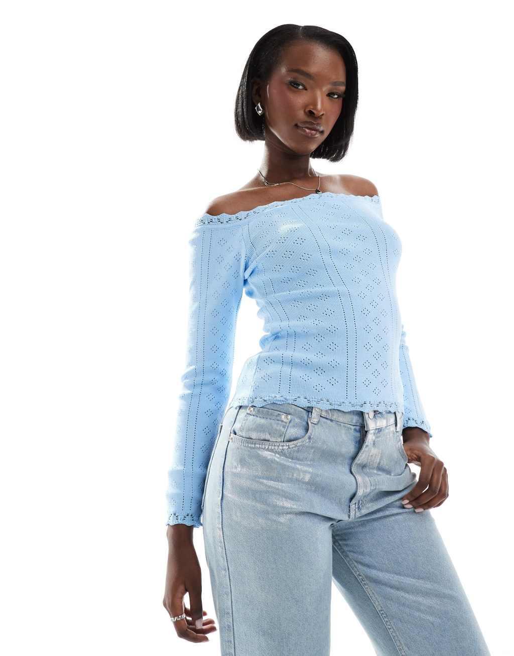 Fashionkilla pointelle lace trim bardot top in blue Product Image