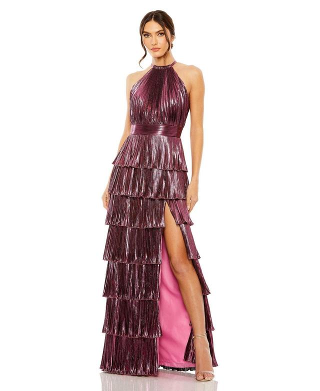 Mac Duggal Pleated Metallic Halter Gown Product Image