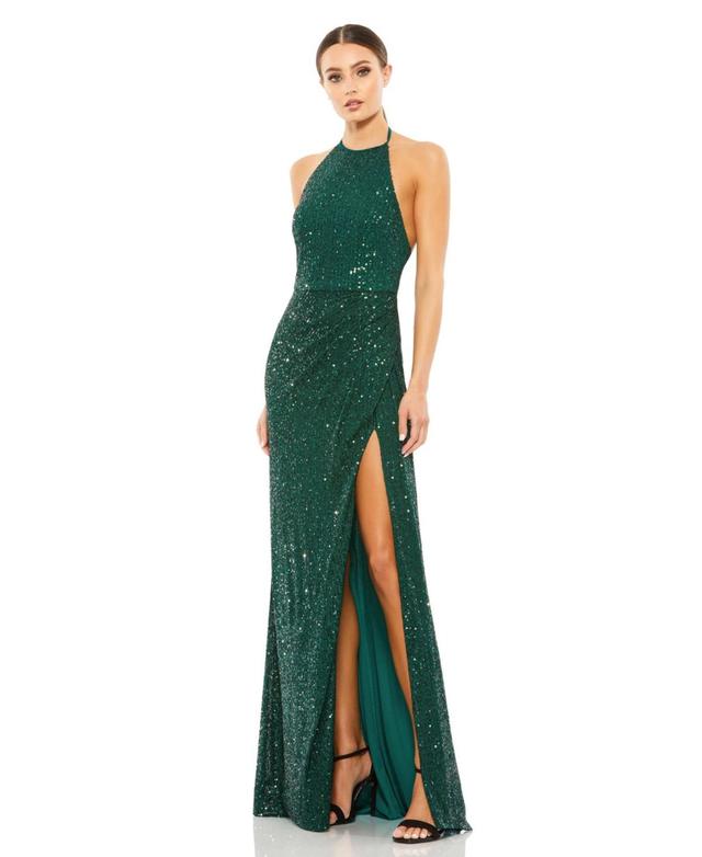 Mac Duggal Beaded Halter Neck Sleeveless Open Back Detail Thigh High Slit Sheath Gown Product Image