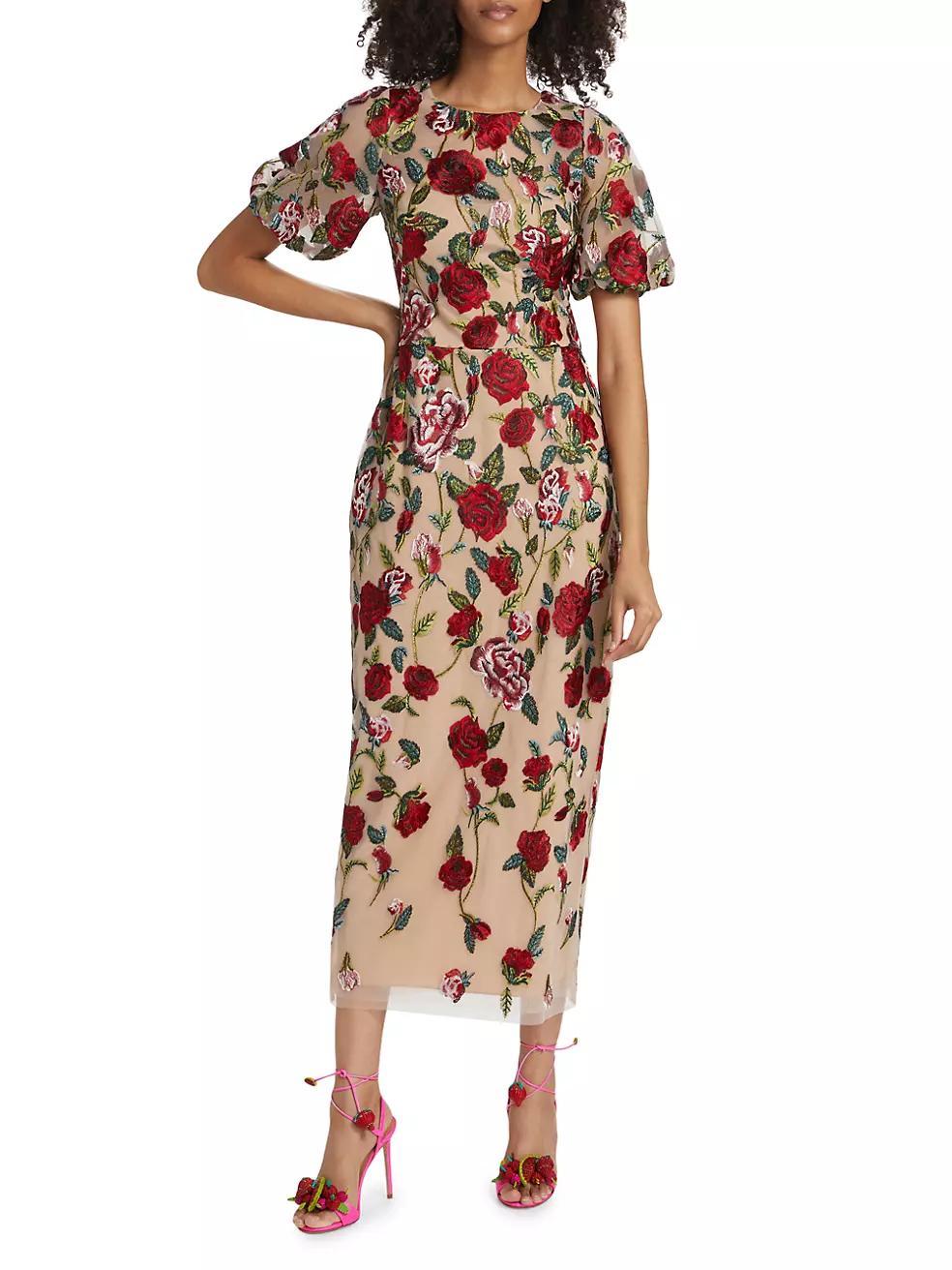 Floral Embroidered Puff-Sleeve Midi-Dress Product Image