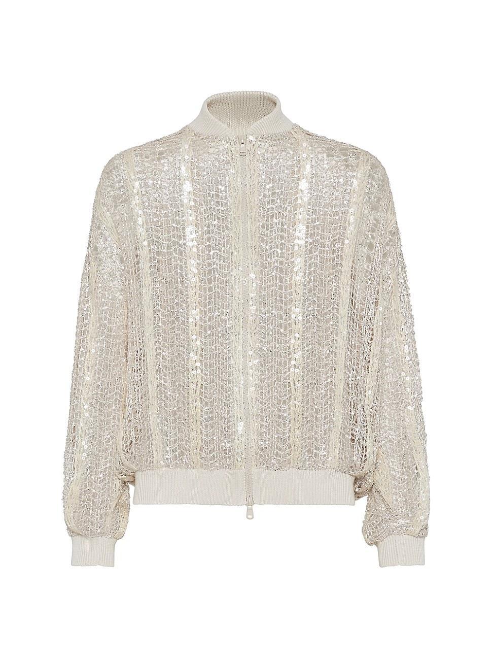 Womens Dazzling Striped Net Embroidery Bomber Jacket Product Image