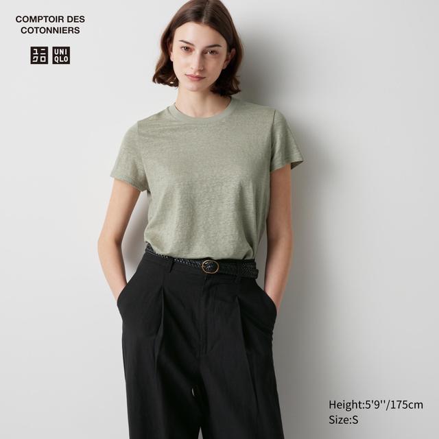 Womens Linen Crew Neck Short-Sleeve T-Shirt Olive 2XS UNIQLO US Product Image