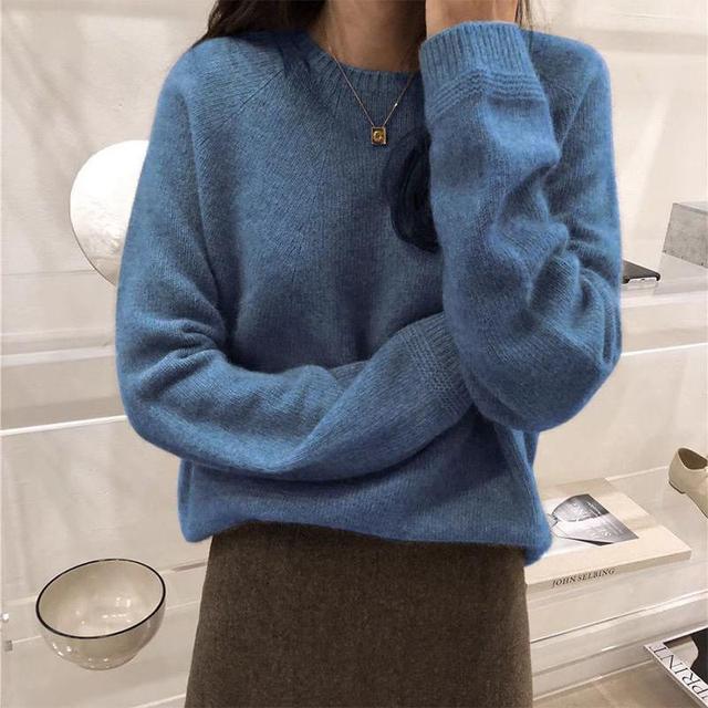 Long-Sleeve Round Neck Plain Sweater Product Image