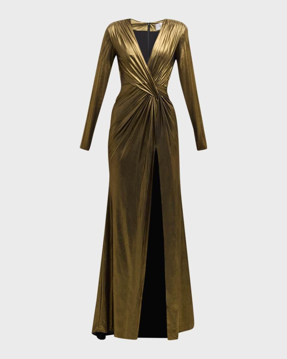 Metallic Draped Lame Gown with Slit Product Image