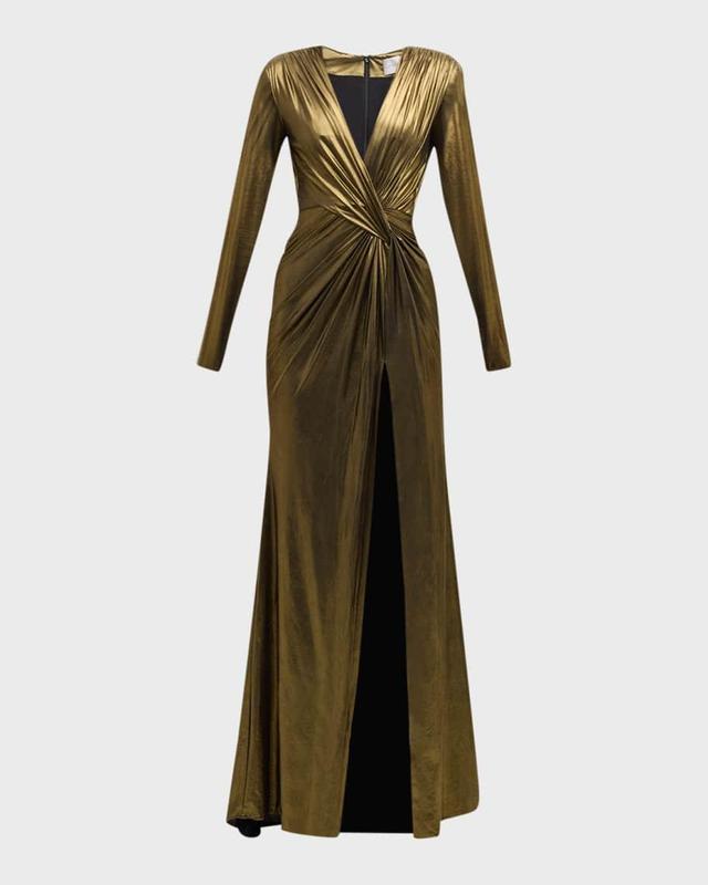 Metallic Draped Lame Gown with Slit Product Image