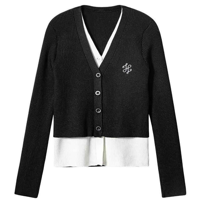 Mock Two-Piece Long-Sleeve V-Neck Two Tone Embroidered Ribbed Button Knit Top Product Image