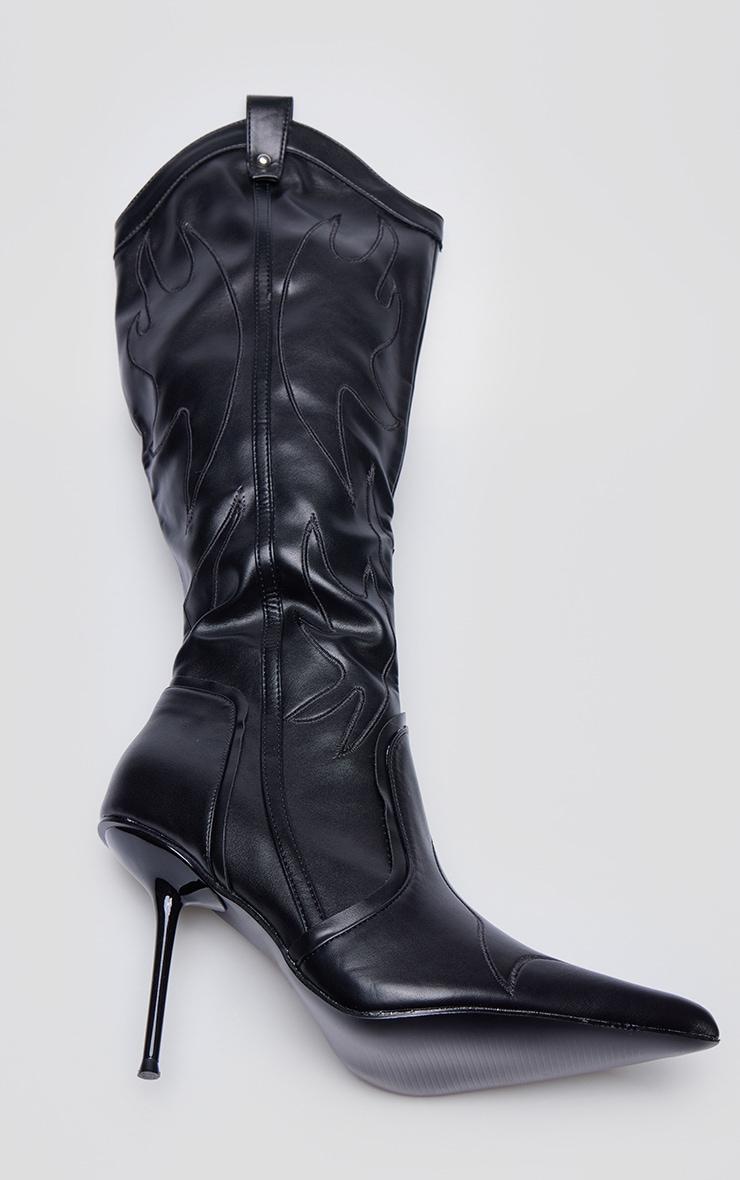 Black PU Point Toe Western Stiletto Heeled Knee High Boots Product Image