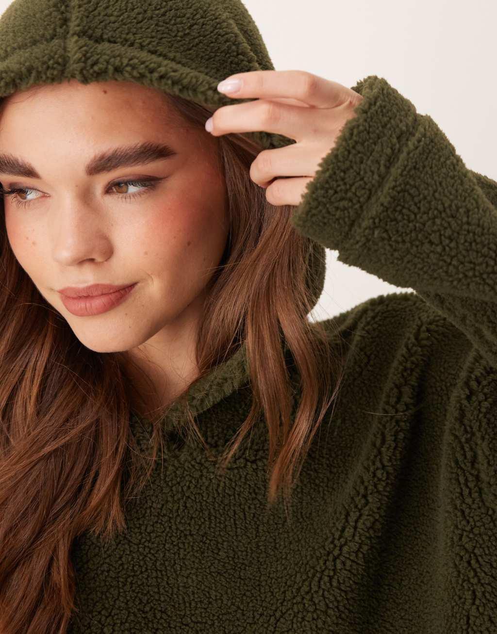 ASOS DESIGN borg oversized hoodie in forest green Product Image