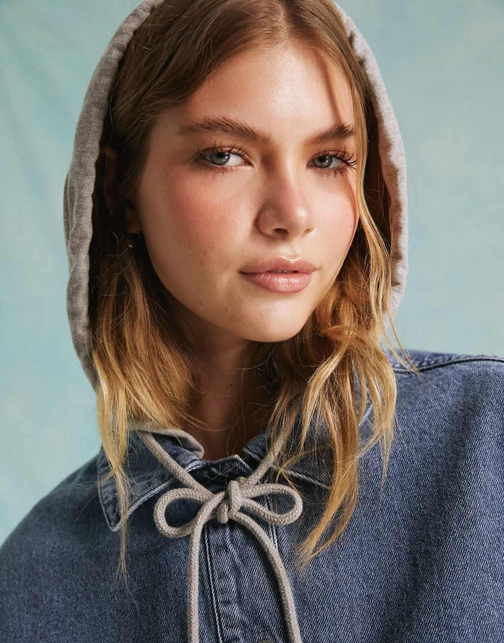 Miss Selfridge denim jacket with hood in blue wash Product Image